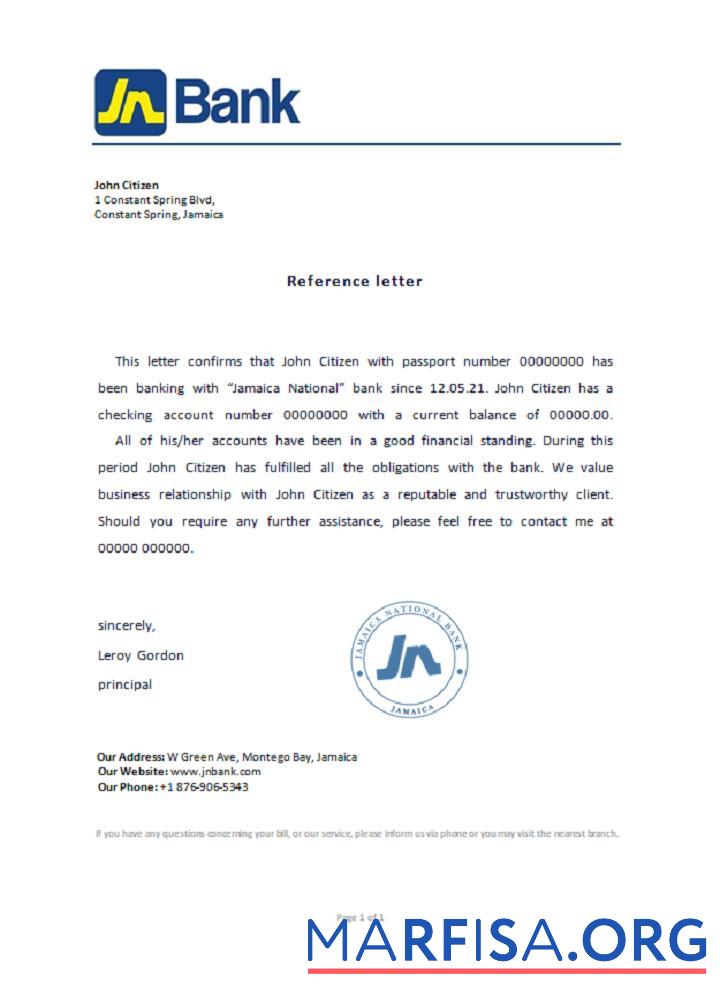 Printable Jamaica National Bank reference download for verification